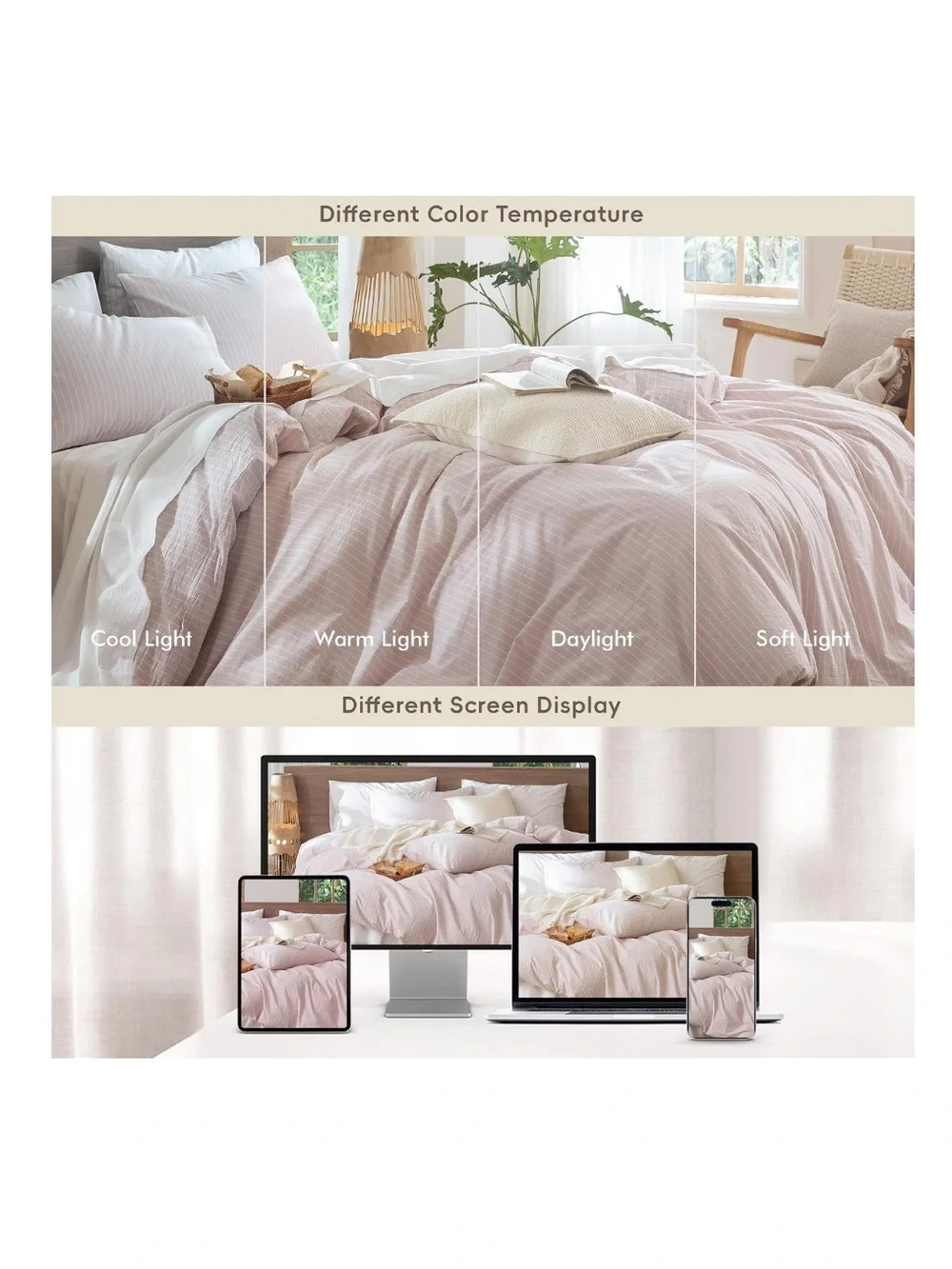 QUEEN Striped Duvet Set 3Pc. 100% Cotton 200 Thread Count GRAYISH PINK & WHITE